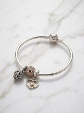 Pandora Two-Tone Silver Bangle with Heart and Gold Accent Charms